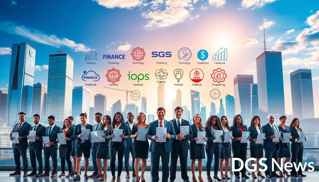 A dynamic, colorful tableau depicting the top industries offering high-paying professional certifications. In the foreground, a diverse array of corporate professionals in business attire, each holding a certification document, stands before towering skyscrapers and modern cityscapes. The middle ground showcases various industry logos and emblems, including finance, technology, healthcare, and engineering, against a backdrop of a vibrant, sunlit sky. Subtle lighting accentuates the sense of professionalism and opportunity. The DGS News logo discreetly appears in the lower right corner, lending an air of authority to the realistic, impactful scene. A dynamic, colorful tableau depicting the top industries offering high-paying professional certifications. In the foreground, a diverse array of corporate professionals in business attire, each holding a certification document, stands before towering skyscrapers and modern cityscapes. The middle ground showcases various industry logos and emblems, including finance, technology, healthcare, and engineering, against a backdrop of a vibrant, sunlit sky. Subtle lighting accentuates the sense of professionalism and opportunity. The DGS News logo discreetly appears in the lower right corner, lending an air of authority to the realistic, impactful scene.