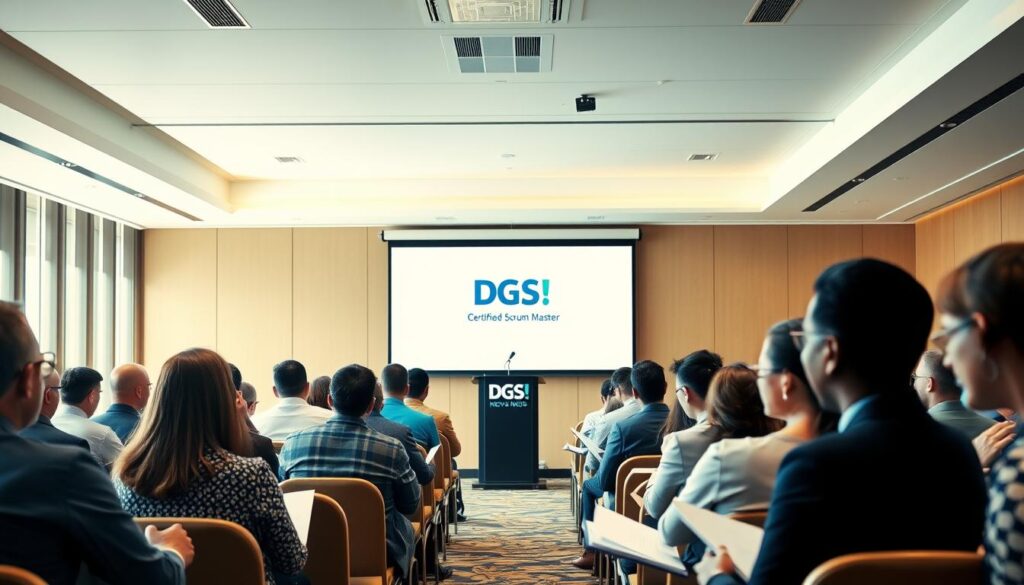 A pristine conference room bathed in warm, natural light. A lectern stands at the center, adorned with the DGS News logo. Behind it, a large projection screen displays the "Certified Scrum Master (CSM): Agile Leadership for Tech Professionals" title. In the foreground, a diverse group of professionals, their faces alight with focused attention, diligently take notes as the Scrum Master certification process unfolds before them. The scene conveys a sense of professional development, innovative thinking, and the pursuit of career growth. A pristine conference room bathed in warm, natural light. A lectern stands at the center, adorned with the DGS News logo. Behind it, a large projection screen displays the "Certified Scrum Master (CSM): Agile Leadership for Tech Professionals" title. In the foreground, a diverse group of professionals, their faces alight with focused attention, diligently take notes as the Scrum Master certification process unfolds before them. The scene conveys a sense of professional development, innovative thinking, and the pursuit of career growth.
