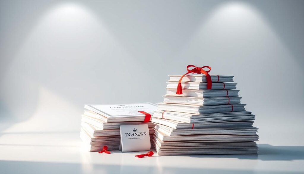 A visually striking, high-quality photorealistic image depicting a collection of skills-based credentials for career growth. The foreground showcases several stacked, glossy certifications and diplomas in various fields like technology, business, and healthcare, arranged in a dynamic, eye-catching composition. The middle ground features a clean, minimalist backdrop with a subtle DGS News logo, creating a professional, editorial atmosphere. The lighting is soft and directional, casting gentle shadows and highlighting the depth and texture of the credentials. The overall mood is one of achievement, opportunity, and the value of investing in targeted, high-paying online certifications for advancing one's career. A visually striking, high-quality photorealistic image depicting a collection of skills-based credentials for career growth. The foreground showcases several stacked, glossy certifications and diplomas in various fields like technology, business, and healthcare, arranged in a dynamic, eye-catching composition. The middle ground features a clean, minimalist backdrop with a subtle DGS News logo, creating a professional, editorial atmosphere. The lighting is soft and directional, casting gentle shadows and highlighting the depth and texture of the credentials. The overall mood is one of achievement, opportunity, and the value of investing in targeted, high-paying online certifications for advancing one's career.